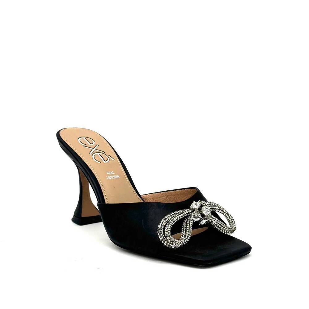 NEW EXE women's crystal brooch heeled slide sandal in black
